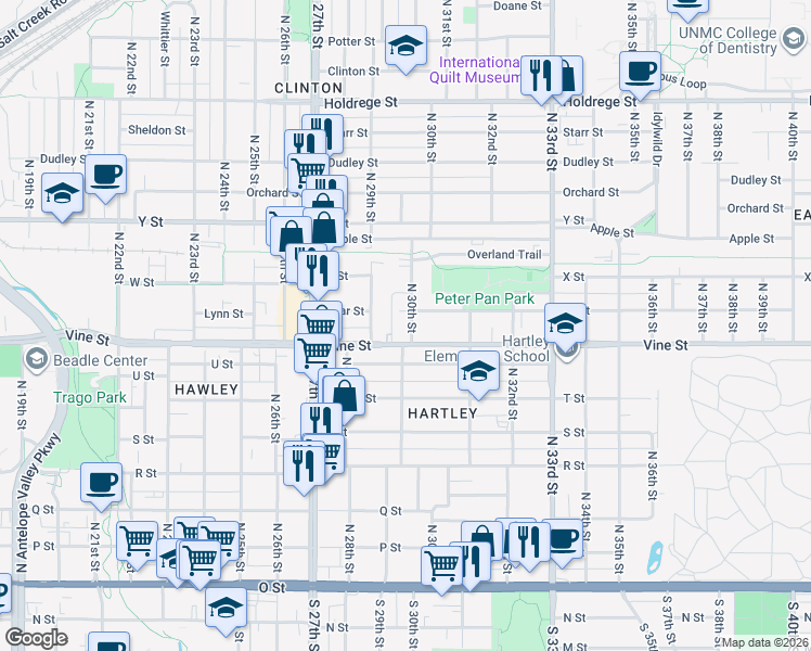 map of restaurants, bars, coffee shops, grocery stores, and more near 3014 Vine Street in Lincoln