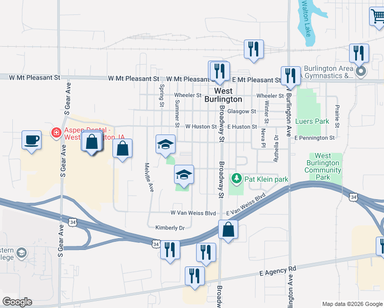 map of restaurants, bars, coffee shops, grocery stores, and more near 545 Ramsey Street in West Burlington