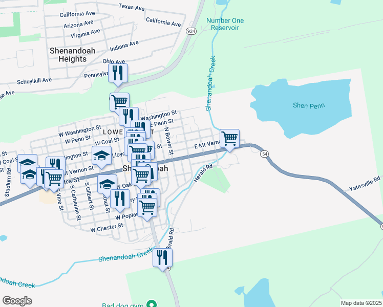 map of restaurants, bars, coffee shops, grocery stores, and more near 307 East Centre Street in Shenandoah
