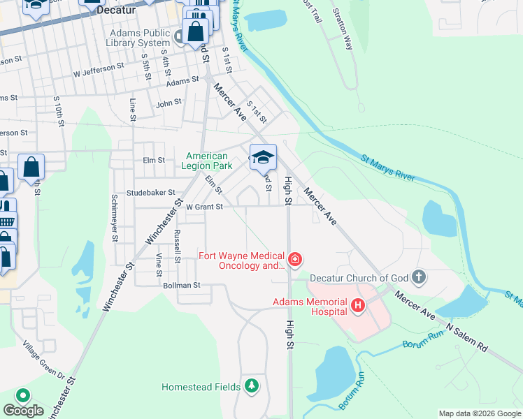 map of restaurants, bars, coffee shops, grocery stores, and more near 125 W Grant St in Decatur