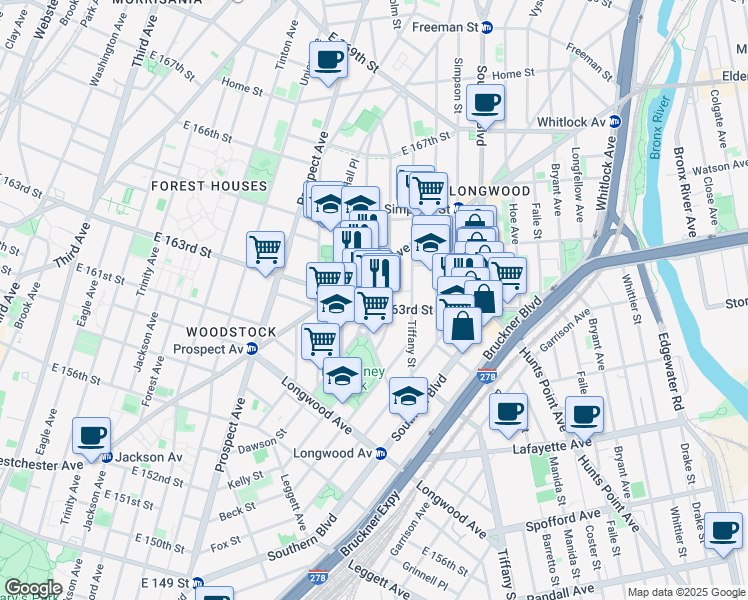 map of restaurants, bars, coffee shops, grocery stores, and more near 935 East 163rd Street in Bronx