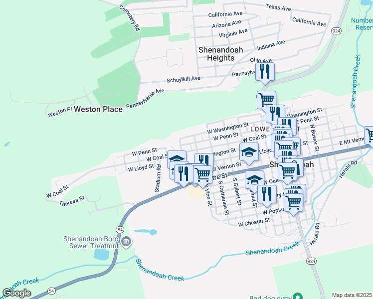 map of restaurants, bars, coffee shops, grocery stores, and more near 631 West Coal Street in Shenandoah