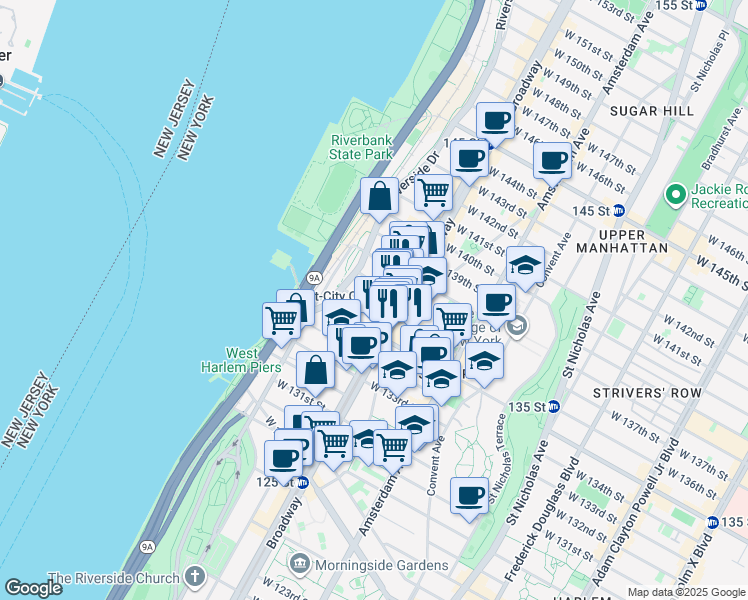 map of restaurants, bars, coffee shops, grocery stores, and more near 615 West 136th Street in New York