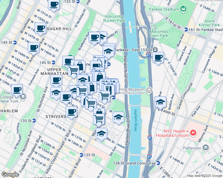 map of restaurants, bars, coffee shops, grocery stores, and more near 110 West 146th Street in New York