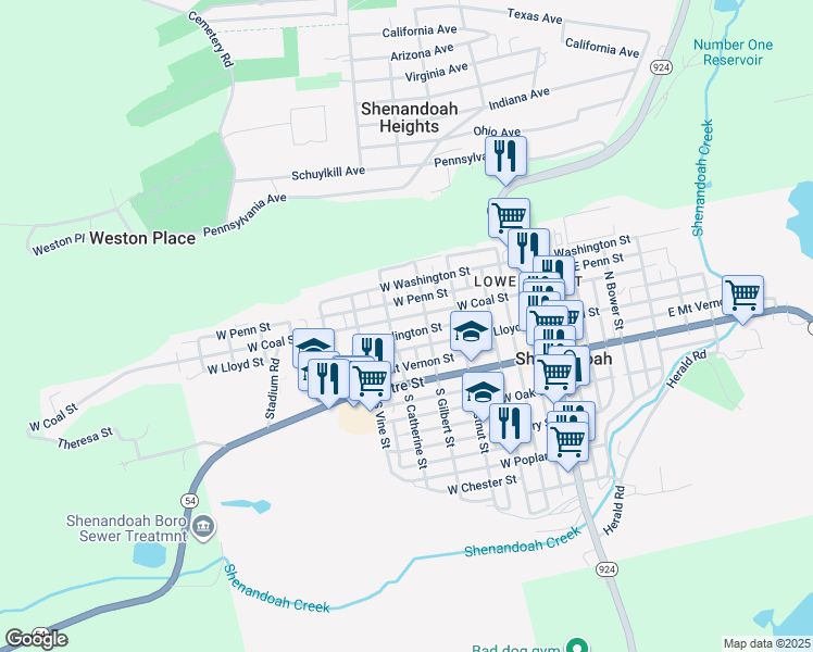 map of restaurants, bars, coffee shops, grocery stores, and more near 424 West Coal Street in Shenandoah