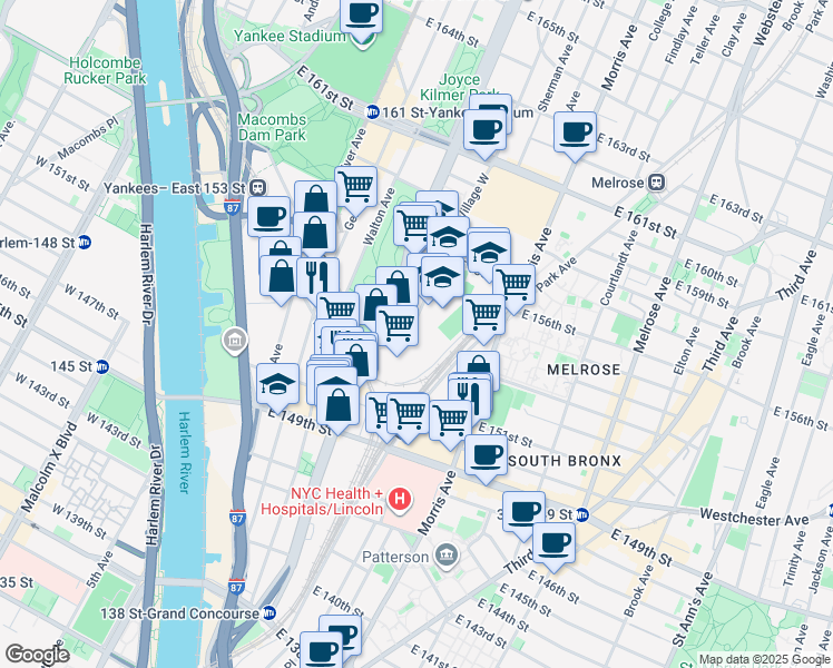 map of restaurants, bars, coffee shops, grocery stores, and more near 702 Concourse Village West in The Bronx