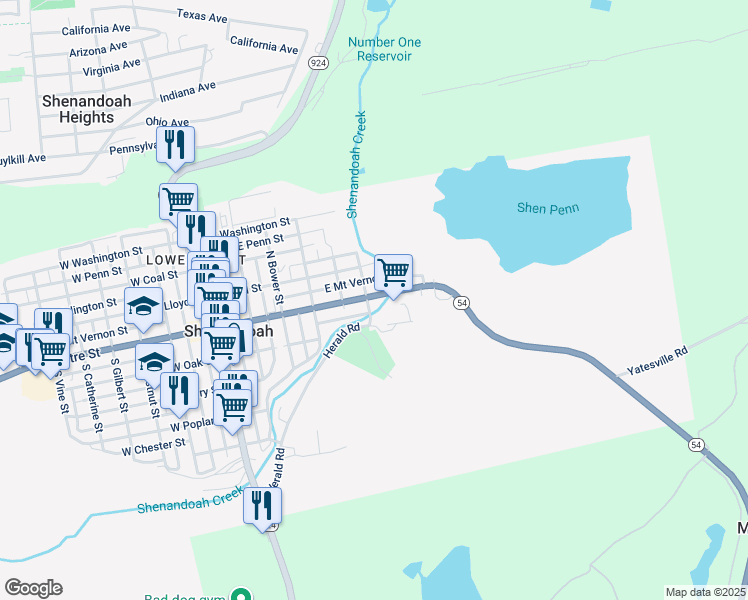 map of restaurants, bars, coffee shops, grocery stores, and more near 508 East Centre Street in Shenandoah