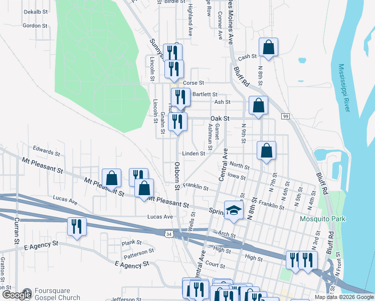 map of restaurants, bars, coffee shops, grocery stores, and more near 1218 Linden Street in Burlington