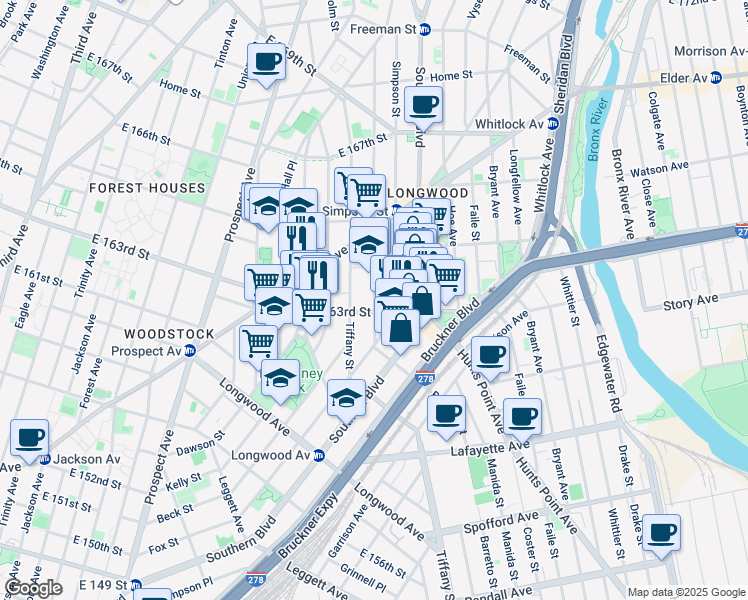 map of restaurants, bars, coffee shops, grocery stores, and more near Fox Street in The Bronx