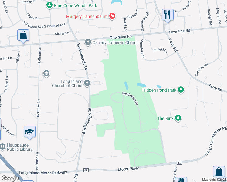 map of restaurants, bars, coffee shops, grocery stores, and more near 65 Windwatch Drive in Hauppauge