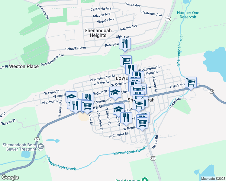 map of restaurants, bars, coffee shops, grocery stores, and more near 119 North Chestnut Street in Shenandoah