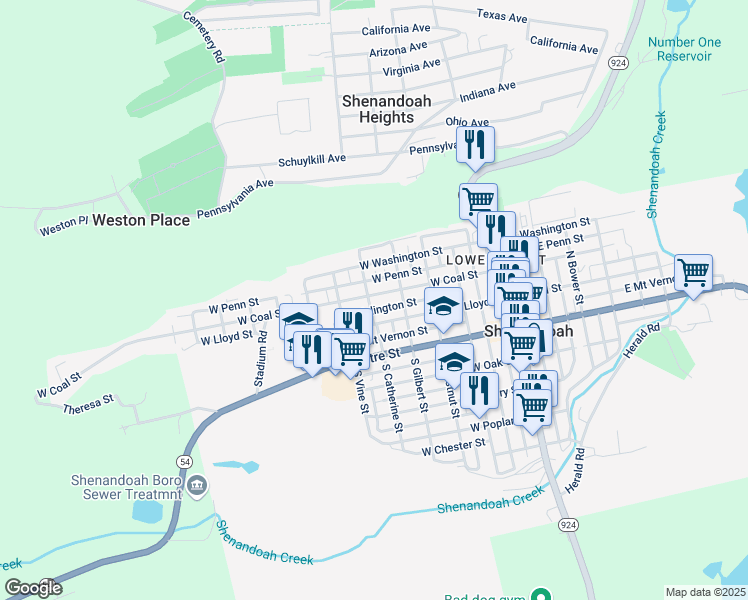 map of restaurants, bars, coffee shops, grocery stores, and more near 440 West Coal Street in Shenandoah