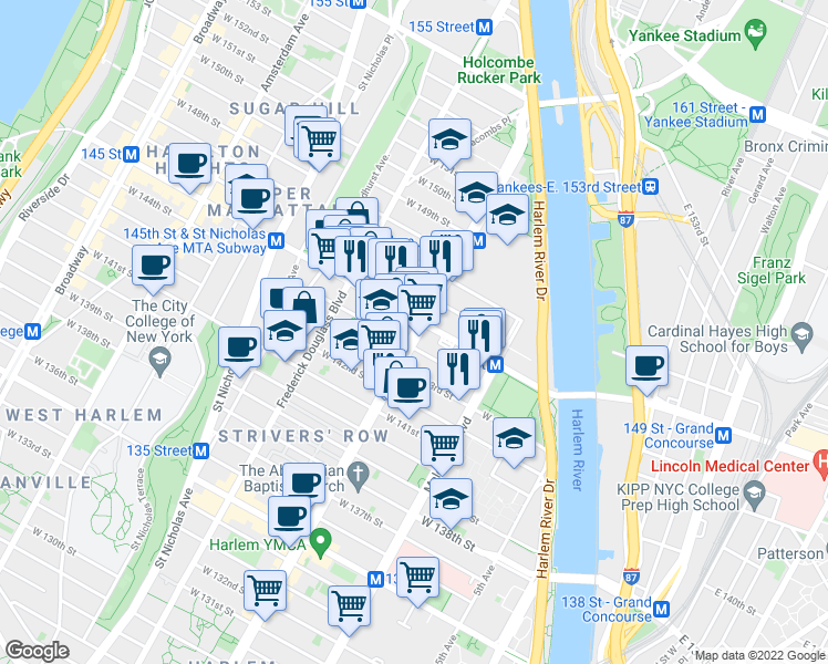 map of restaurants, bars, coffee shops, grocery stores, and more near 2490 7th Avenue in New York