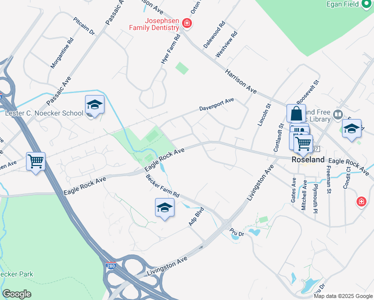 map of restaurants, bars, coffee shops, grocery stores, and more near 275 Eagle Rock Avenue in Roseland