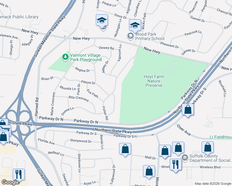 map of restaurants, bars, coffee shops, grocery stores, and more near 49 Fisher Road in Commack