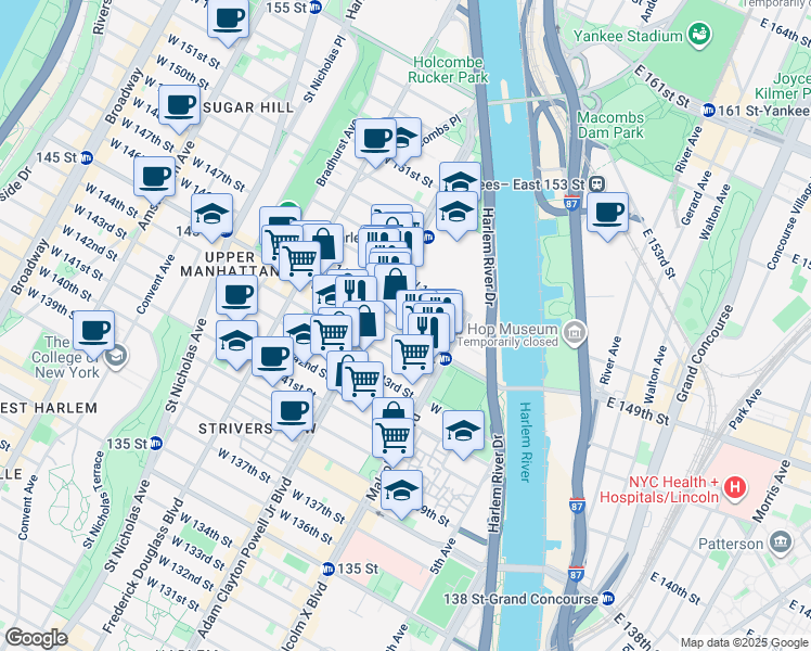 map of restaurants, bars, coffee shops, grocery stores, and more near 128 West 145th Street in New York