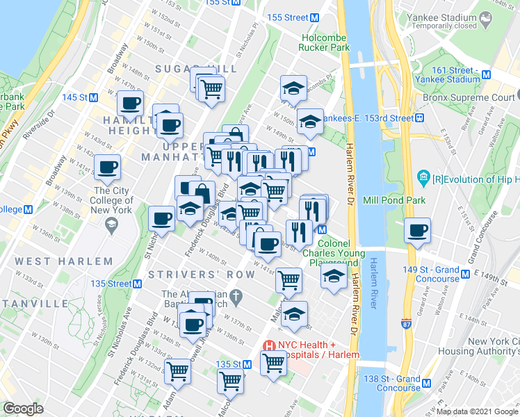 map of restaurants, bars, coffee shops, grocery stores, and more near 2481 Adam Clayton Powell Junior Boulevard in New York
