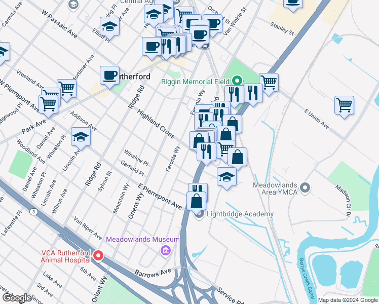 map of restaurants, bars, coffee shops, grocery stores, and more near 178 Highland Cross in Rutherford