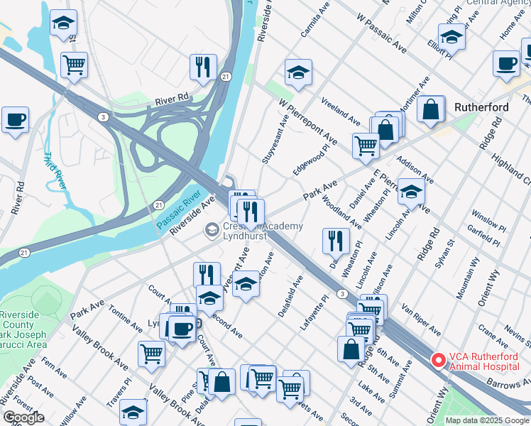 map of restaurants, bars, coffee shops, grocery stores, and more near 401 Park Avenue in Rutherford