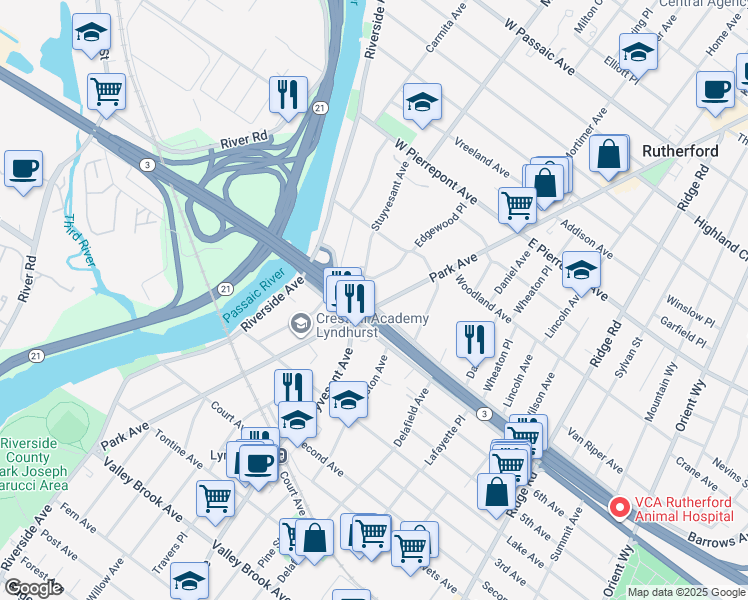 map of restaurants, bars, coffee shops, grocery stores, and more near 401 Park Avenue in Rutherford