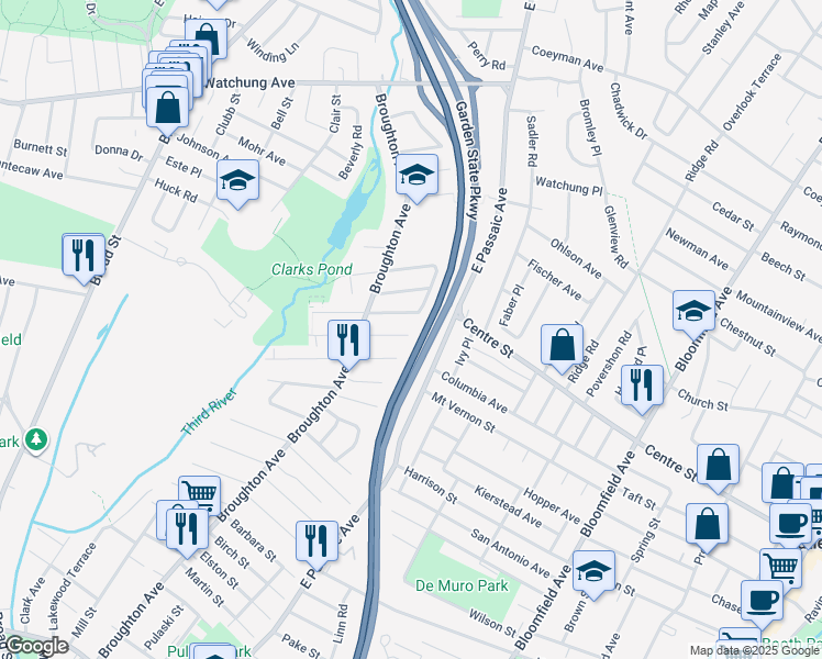 map of restaurants, bars, coffee shops, grocery stores, and more near 32 Dewey Street in Bloomfield