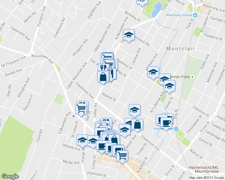 map of restaurants, bars, coffee shops, grocery stores, and more near 13 Talbot Street in Montclair