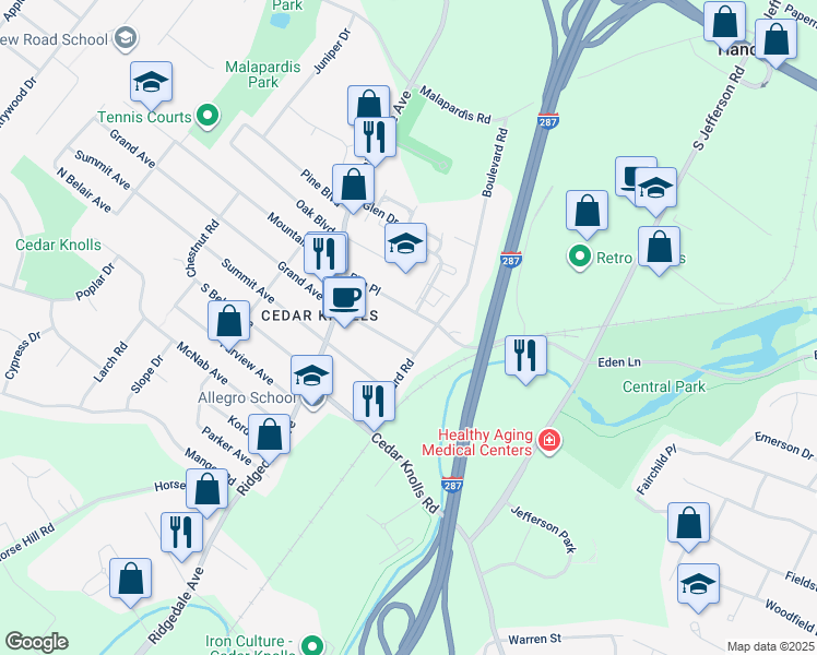 map of restaurants, bars, coffee shops, grocery stores, and more near 24 Elm Place in Hanover