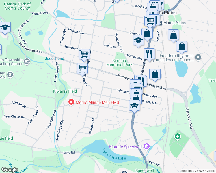 map of restaurants, bars, coffee shops, grocery stores, and more near 38 Fairchild Avenue in Morris Plains