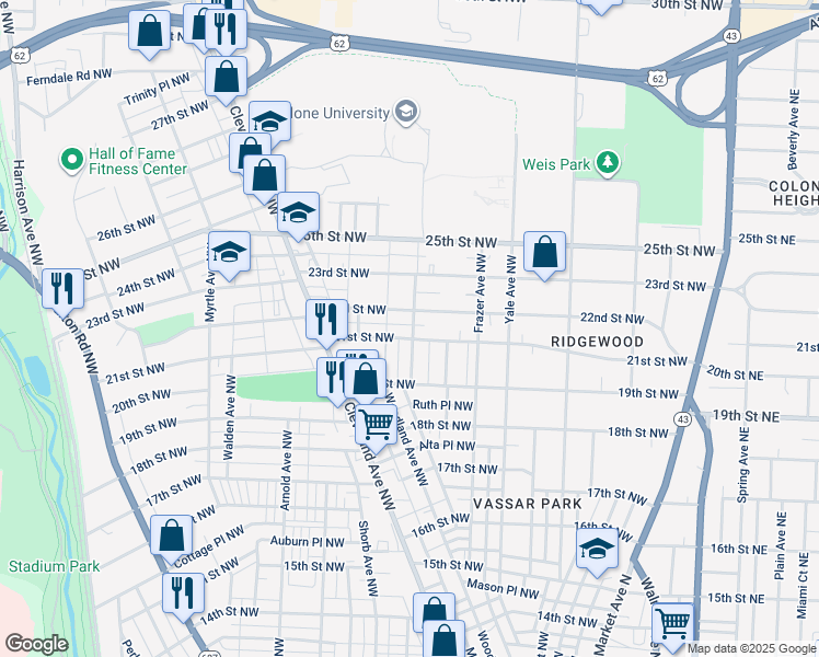 map of restaurants, bars, coffee shops, grocery stores, and more near 710 21st Street Northwest in Canton