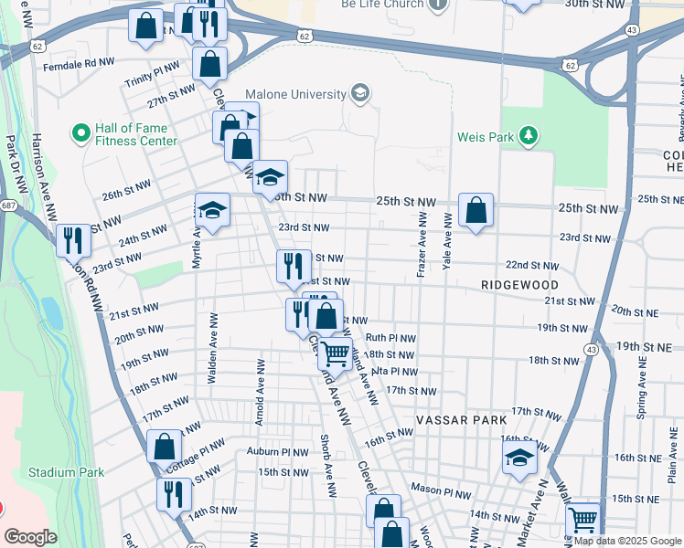 map of restaurants, bars, coffee shops, grocery stores, and more near 710 21st Street Northwest in Canton