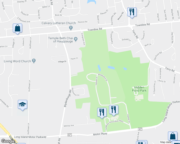 map of restaurants, bars, coffee shops, grocery stores, and more near 89 Windwatch Drive in Hauppauge
