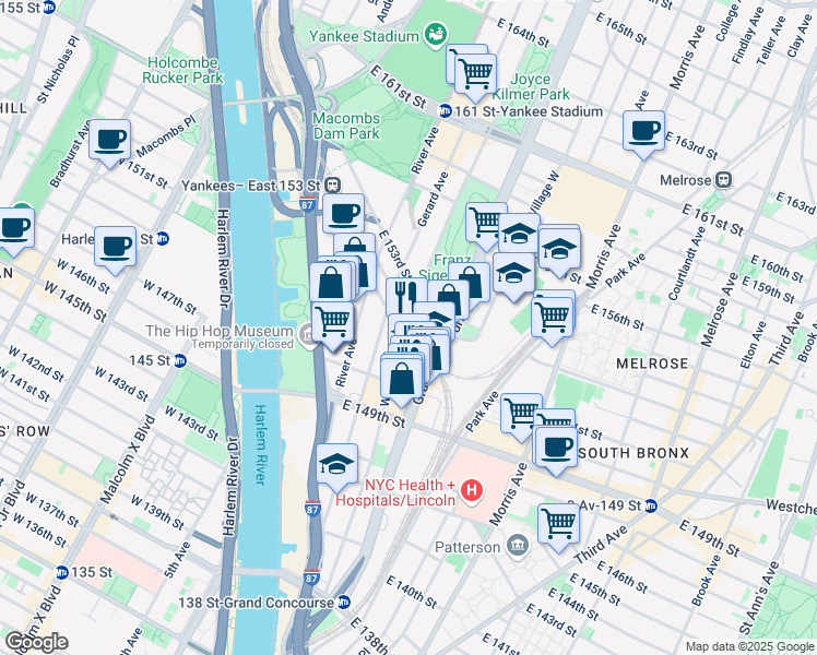 map of restaurants, bars, coffee shops, grocery stores, and more near 639 Walton Avenue in Bronx