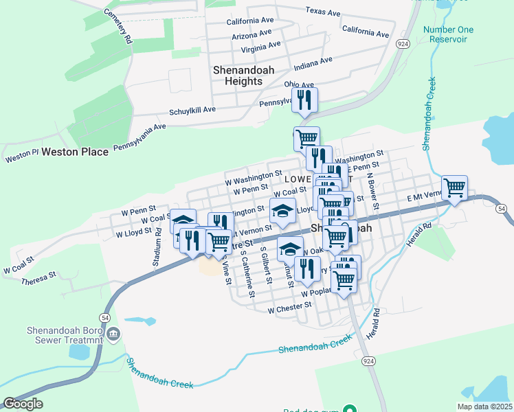 map of restaurants, bars, coffee shops, grocery stores, and more near 129 North Gilbert Street in Shenandoah