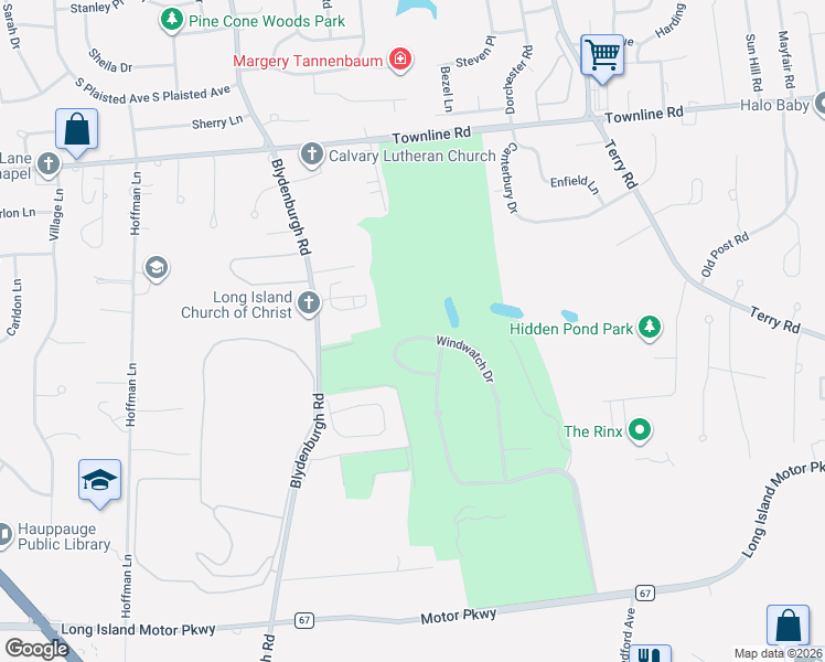 map of restaurants, bars, coffee shops, grocery stores, and more near 65 Windwatch Drive in Hauppauge