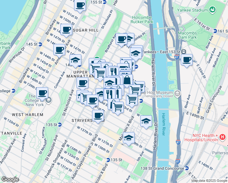 map of restaurants, bars, coffee shops, grocery stores, and more near 2500 Adam Clayton Powell Junior Boulevard in New York