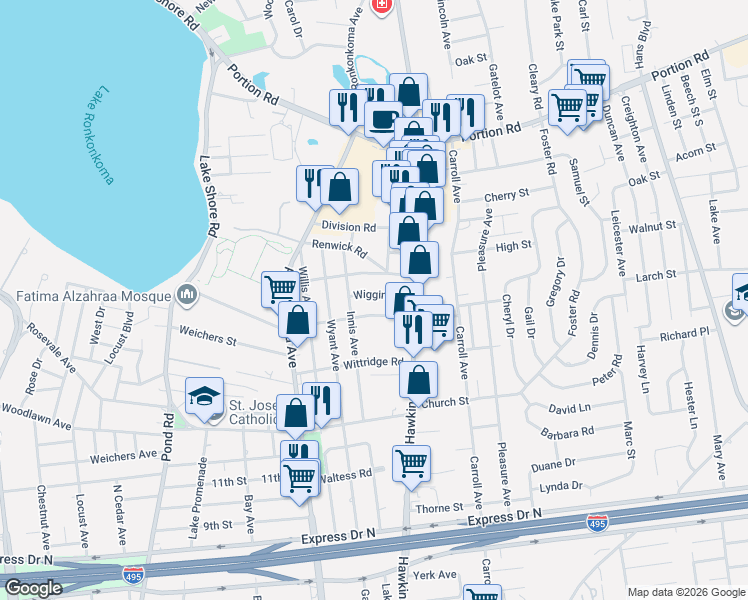 map of restaurants, bars, coffee shops, grocery stores, and more near 33 Lakewood Road in Lake Ronkonkoma