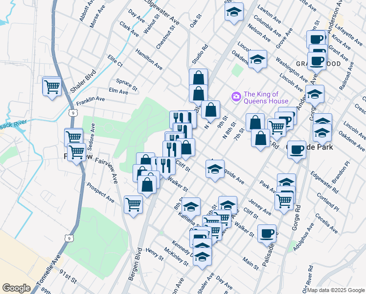 map of restaurants, bars, coffee shops, grocery stores, and more near 344 Bergen Boulevard in Fairview
