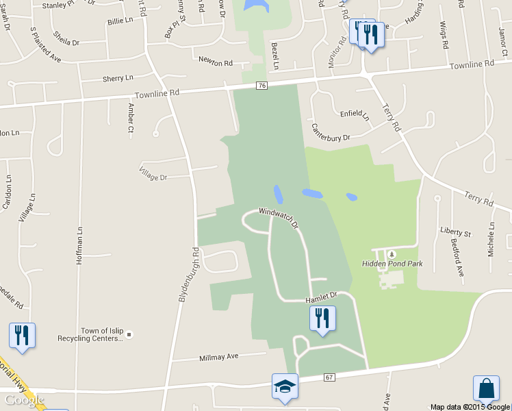 map of restaurants, bars, coffee shops, grocery stores, and more near 97 Windwatch Drive in Hauppauge