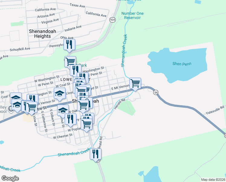 map of restaurants, bars, coffee shops, grocery stores, and more near 302 East Centre Street in Shenandoah