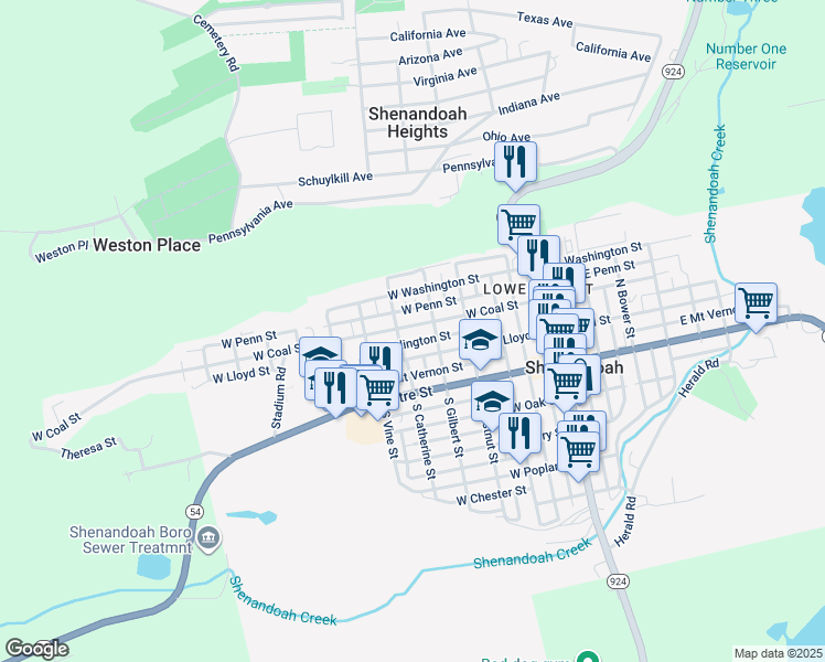 map of restaurants, bars, coffee shops, grocery stores, and more near 426 West Coal Street in Shenandoah