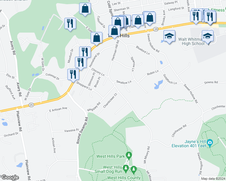 map of restaurants, bars, coffee shops, grocery stores, and more near 8 Kingsley Road in Huntington