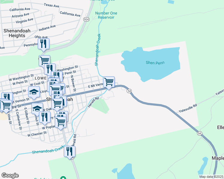 map of restaurants, bars, coffee shops, grocery stores, and more near 606 East Centre Street in Shenandoah