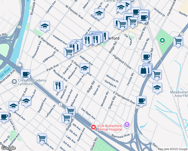 map of restaurants, bars, coffee shops, grocery stores, and more near 185 Ridge Road in Rutherford