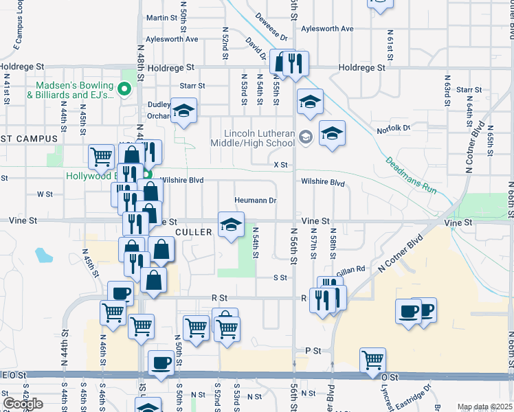 map of restaurants, bars, coffee shops, grocery stores, and more near 5320 Vine Street in Lincoln