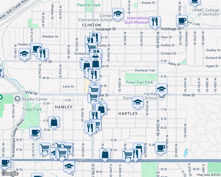 map of restaurants, bars, coffee shops, grocery stores, and more near 2916 Vine Street in Lincoln