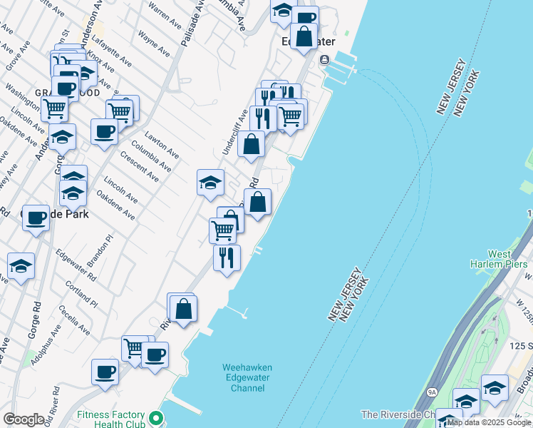 map of restaurants, bars, coffee shops, grocery stores, and more near 1000 Portside Drive in Edgewater