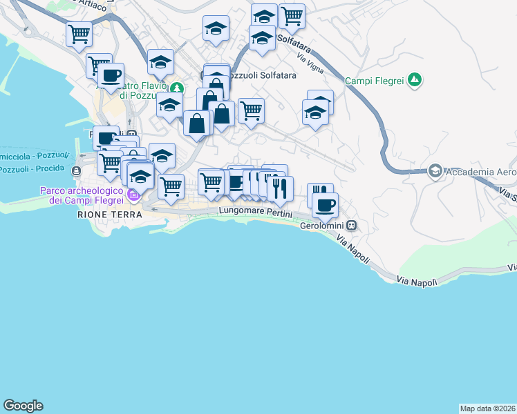 map of restaurants, bars, coffee shops, grocery stores, and more near 103 Corso Umberto I in Pozzuoli