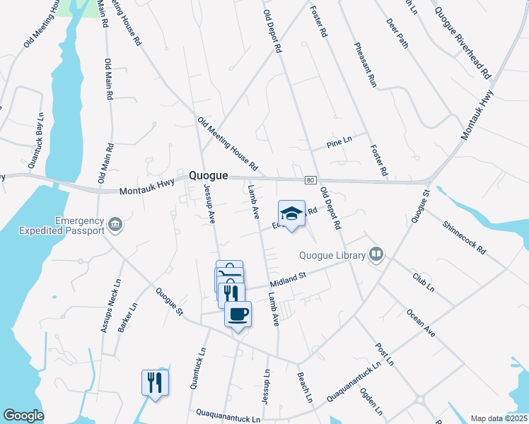 map of restaurants, bars, coffee shops, grocery stores, and more near 16 Lamb Avenue in Quogue