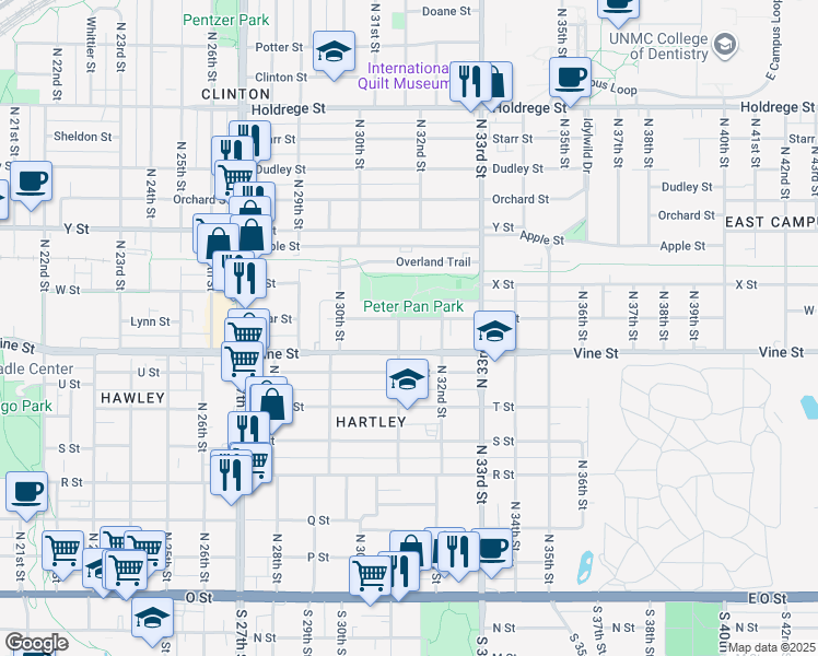 map of restaurants, bars, coffee shops, grocery stores, and more near 3144 Vine Street in Lincoln