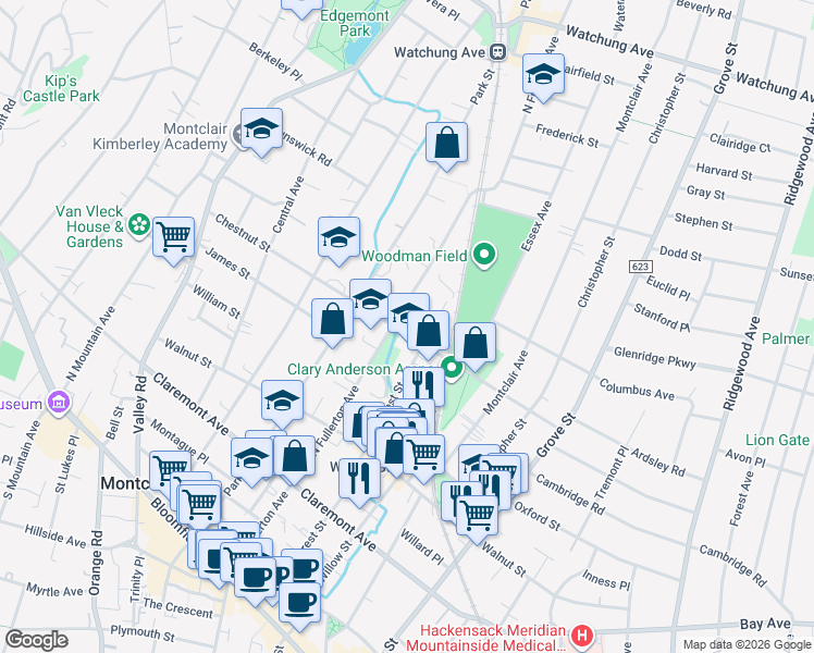 map of restaurants, bars, coffee shops, grocery stores, and more near 73 Chestnut Street in Montclair
